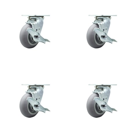 Service Caster 5 Inch Thermoplastic Rubber Swivel Caster Set with Ball Bearings and Brakes SCC SCC-30CS520-TPRBD-TLB-4